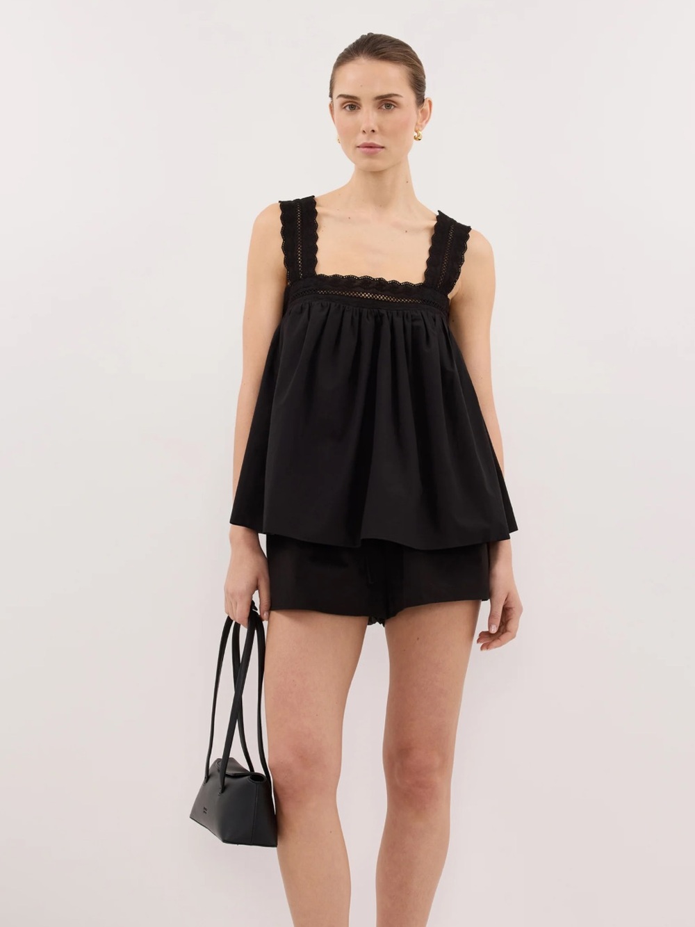 DISSH Black Miranda Lace-Trim Cotton Babydoll Top